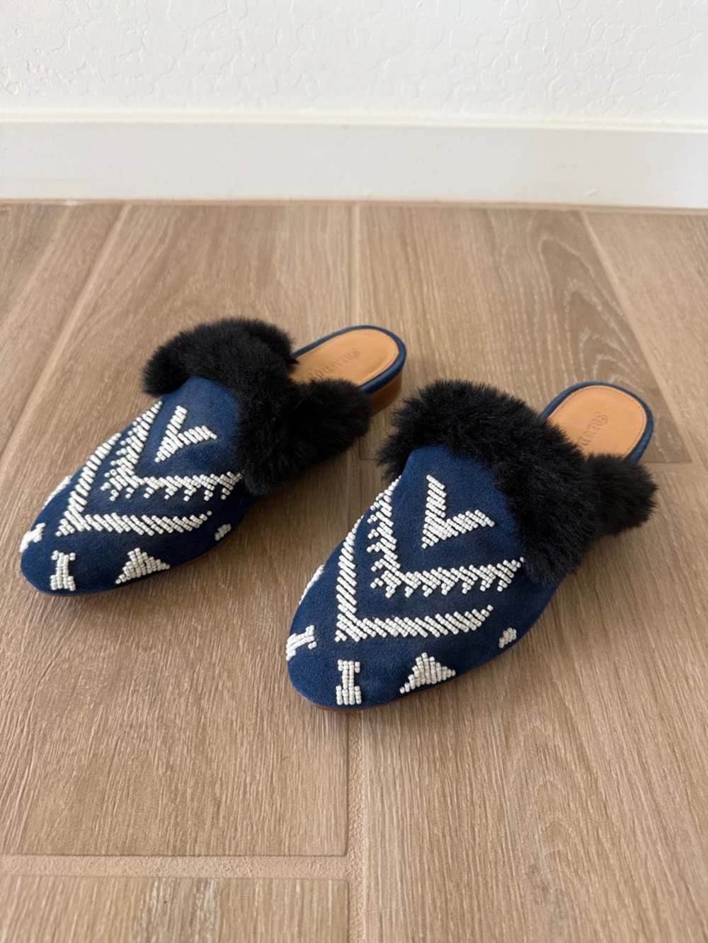 Soludos Embroidered Blue Slip-On Mules with Black Fur Trim